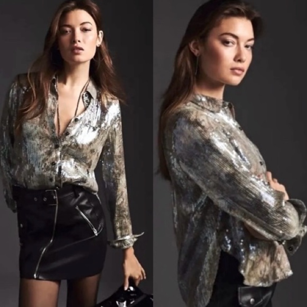 Anthropologie Pilcro Shrunken Sequin Long Sleeve Button Up Gray Top Size M